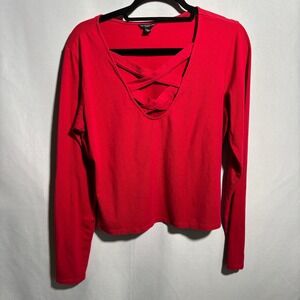 Guess Womens‎ XL Red Long Sleeve Criss Cross V Neck Top Cotton Modal Vamp